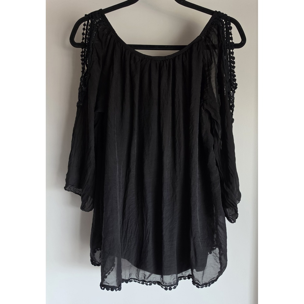 Meo Meli Blouse Women Black Boho Italy Top Ethereal Lace Detail Cold Shoulder